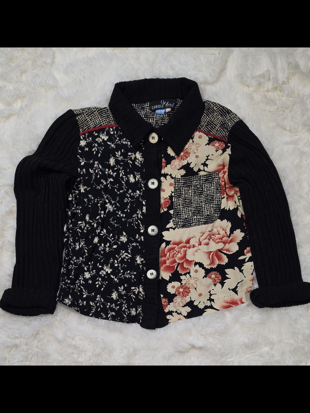 Vintage Carole Little Artsy Floral Black & Floral Patchwork Jacket Size 6
